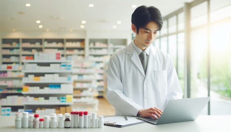 薬剤師とノートパソコンのレンタル
